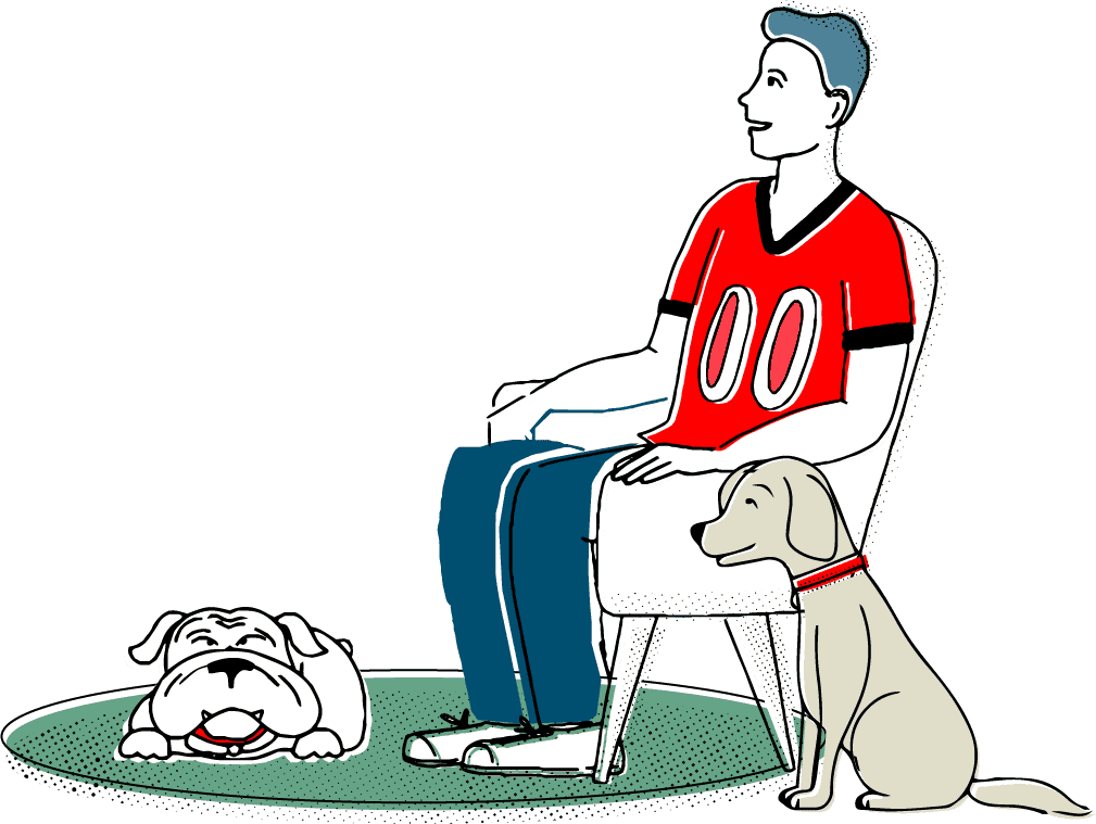 illustration of a man sitting in a chair with two dogs by his feet