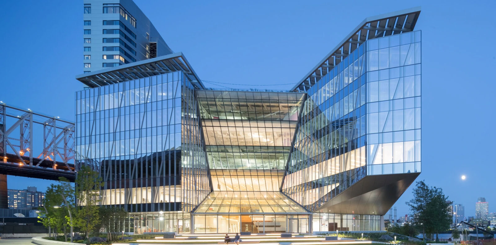 Modern glass office building with innovative architecture.