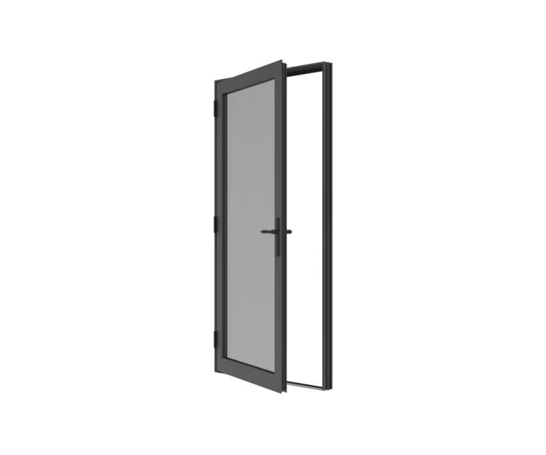 A door with a black frame and glass panel, open to the outside.