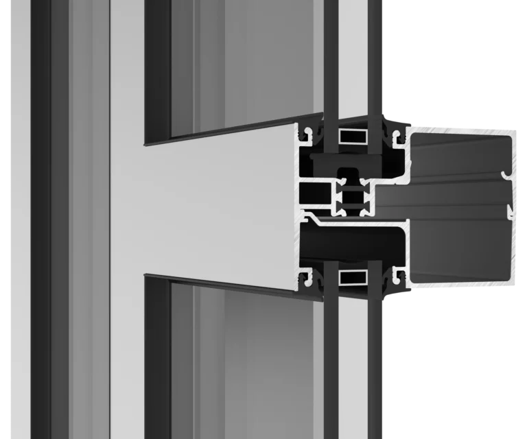 Aluminum window frame cross-section with insulated glass for energy efficiency.