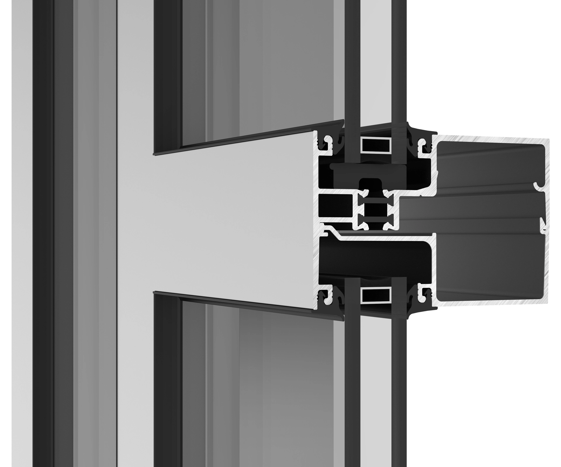 Aluminum window frame cross-section with insulated glass for energy efficiency.