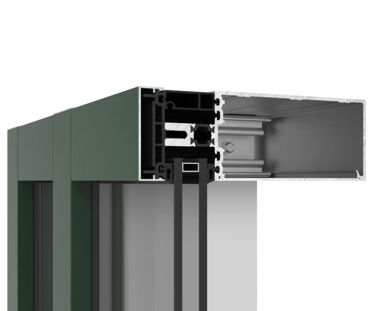 Aluminum window frame cross-section with thermal break and weatherproofing.