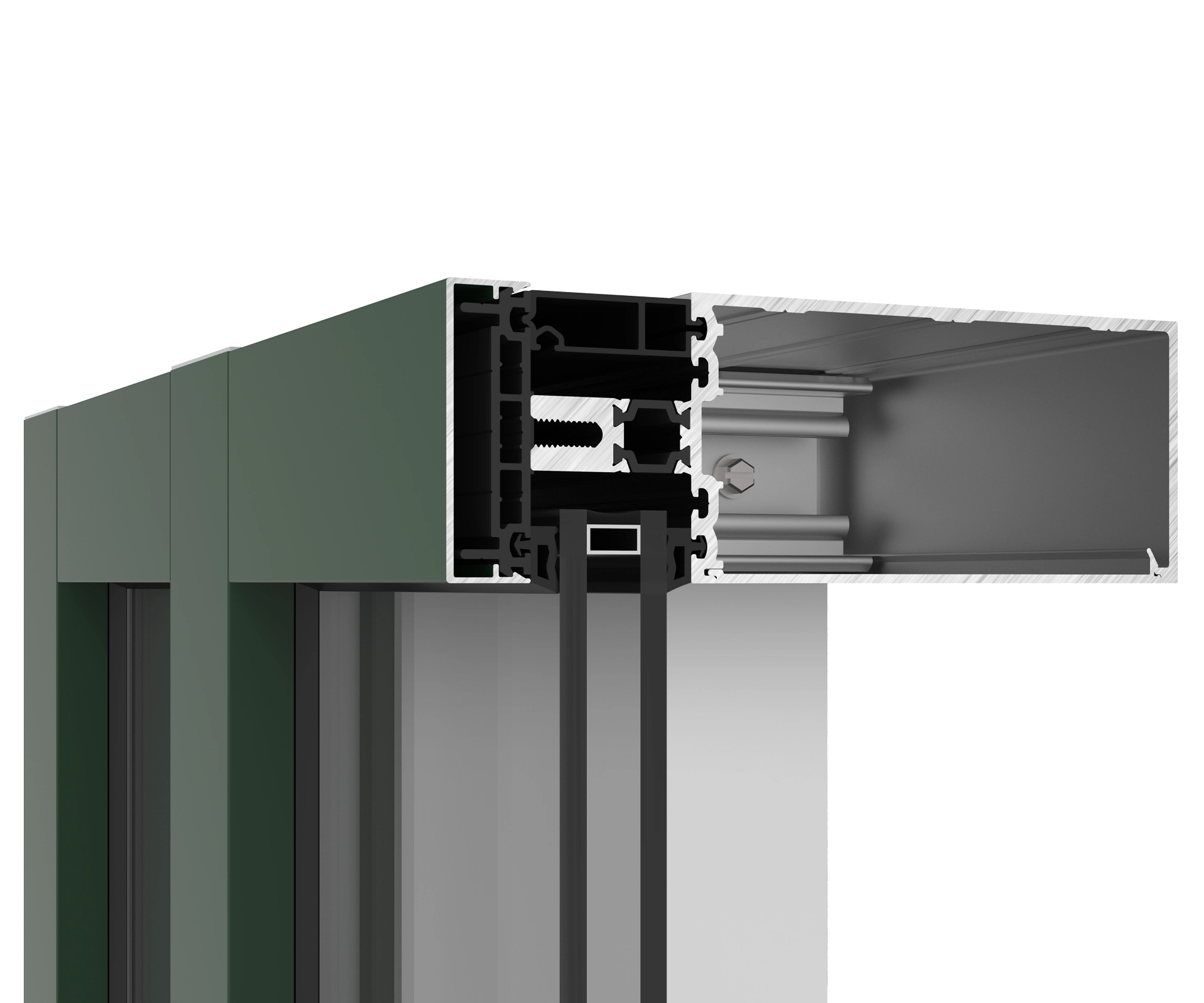 Aluminum window frame cross-section with thermal break and weatherproofing.