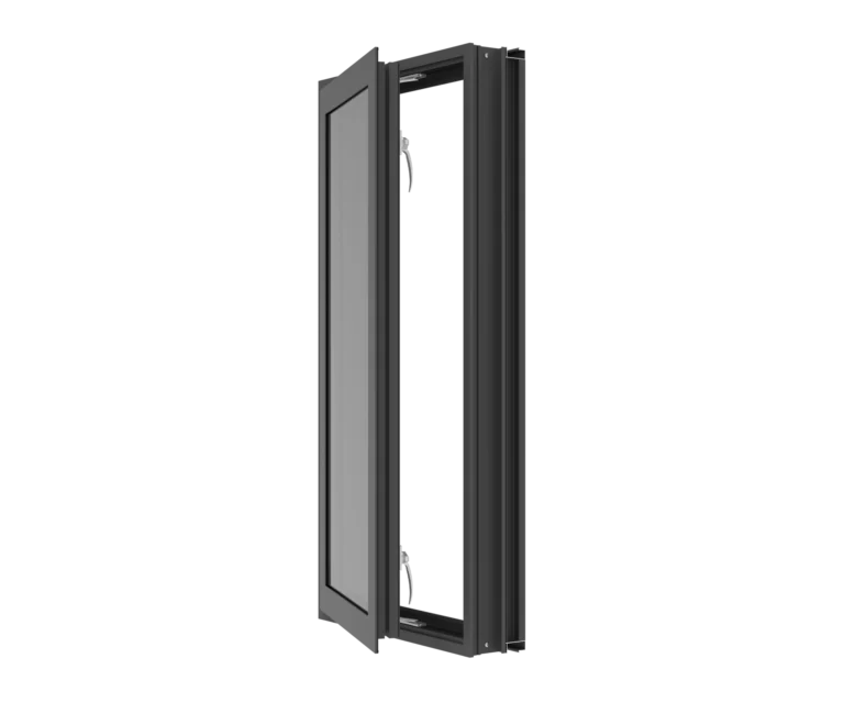 Modern black aluminum commercial door with glass panel.