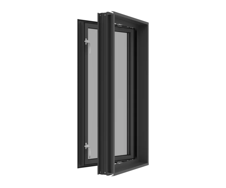Aluminum window frame with tilt and turn opening mechanism.