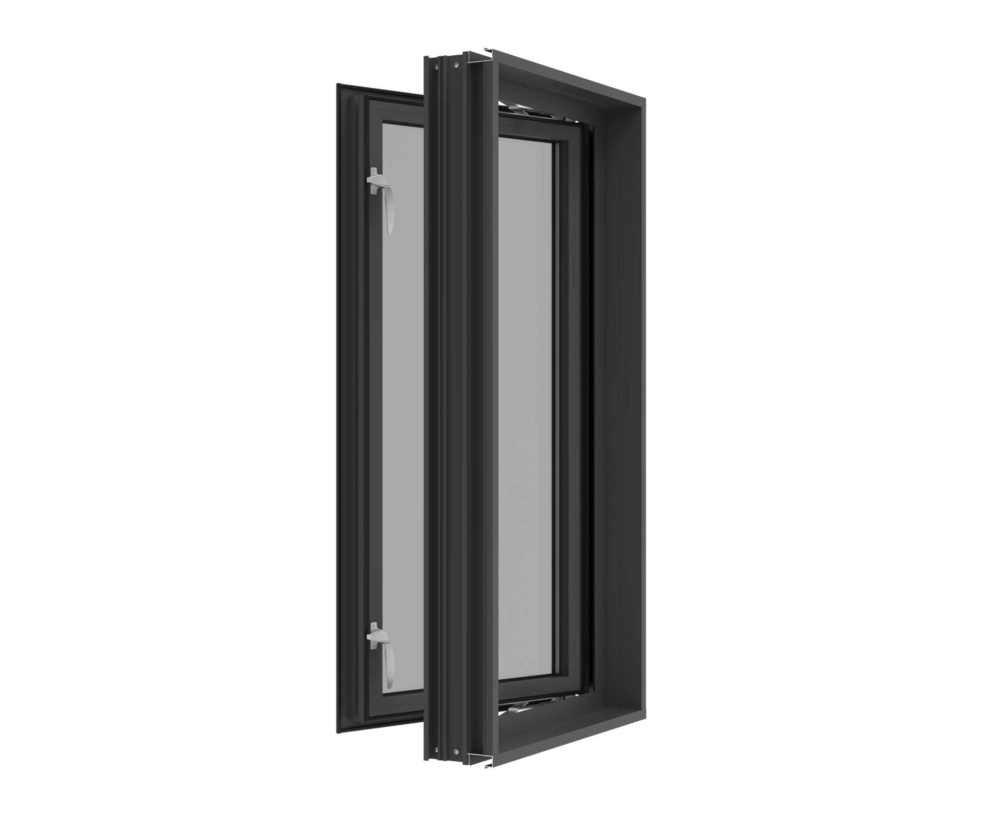 Aluminum window frame with tilt and turn opening mechanism.