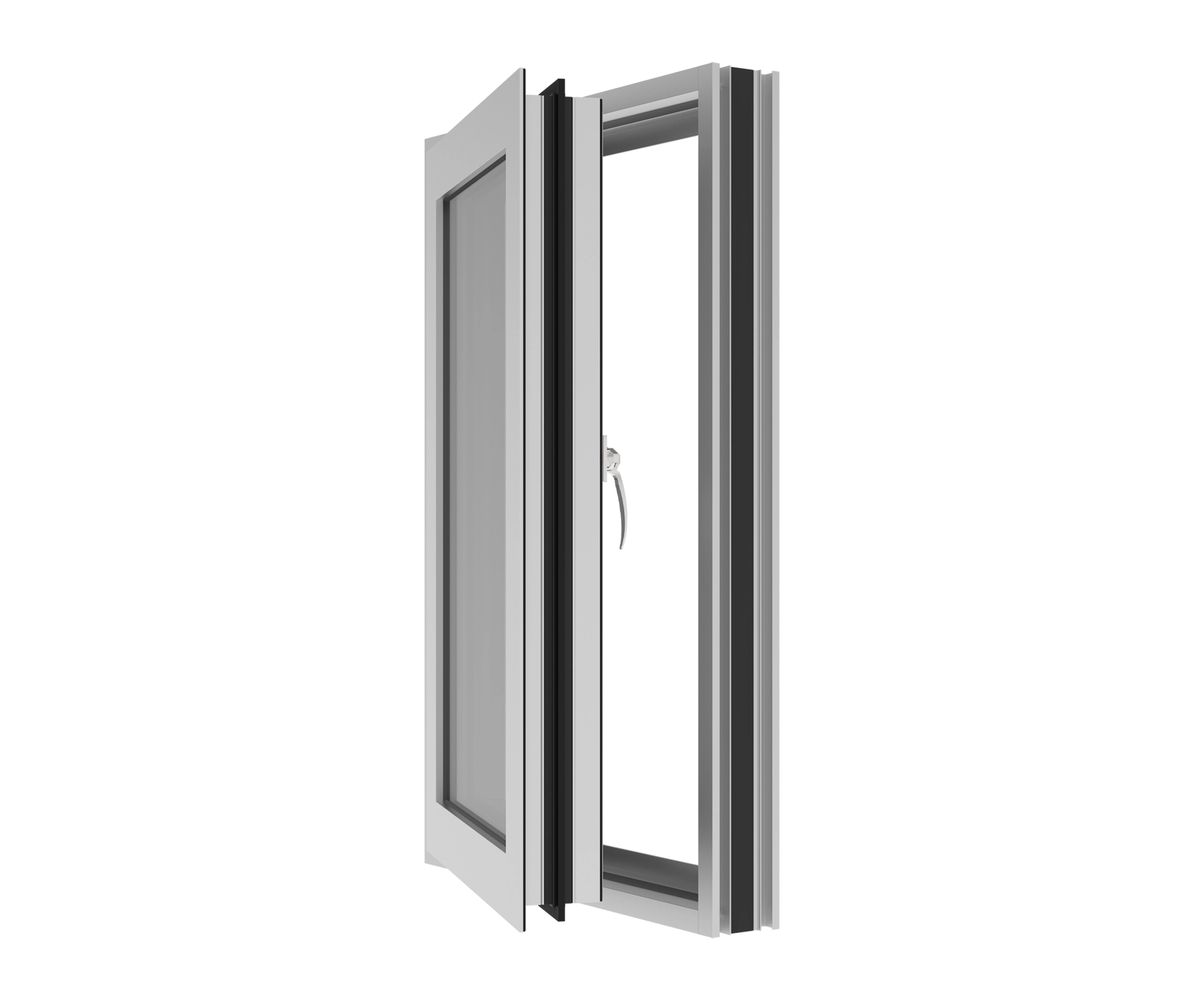 Aluminum window frame with glass pane and sliding mechanism.