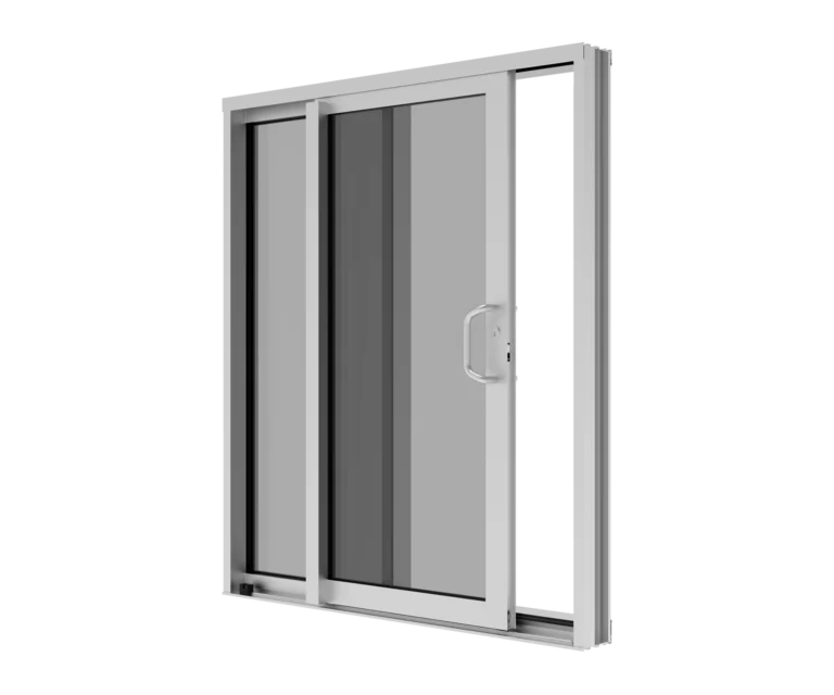 Sliding glass door with aluminum frame for modern buildings.