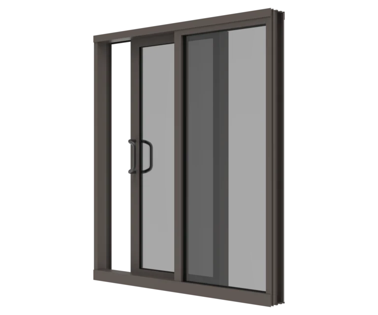 A modern glass sliding door with aluminum frame and handle.