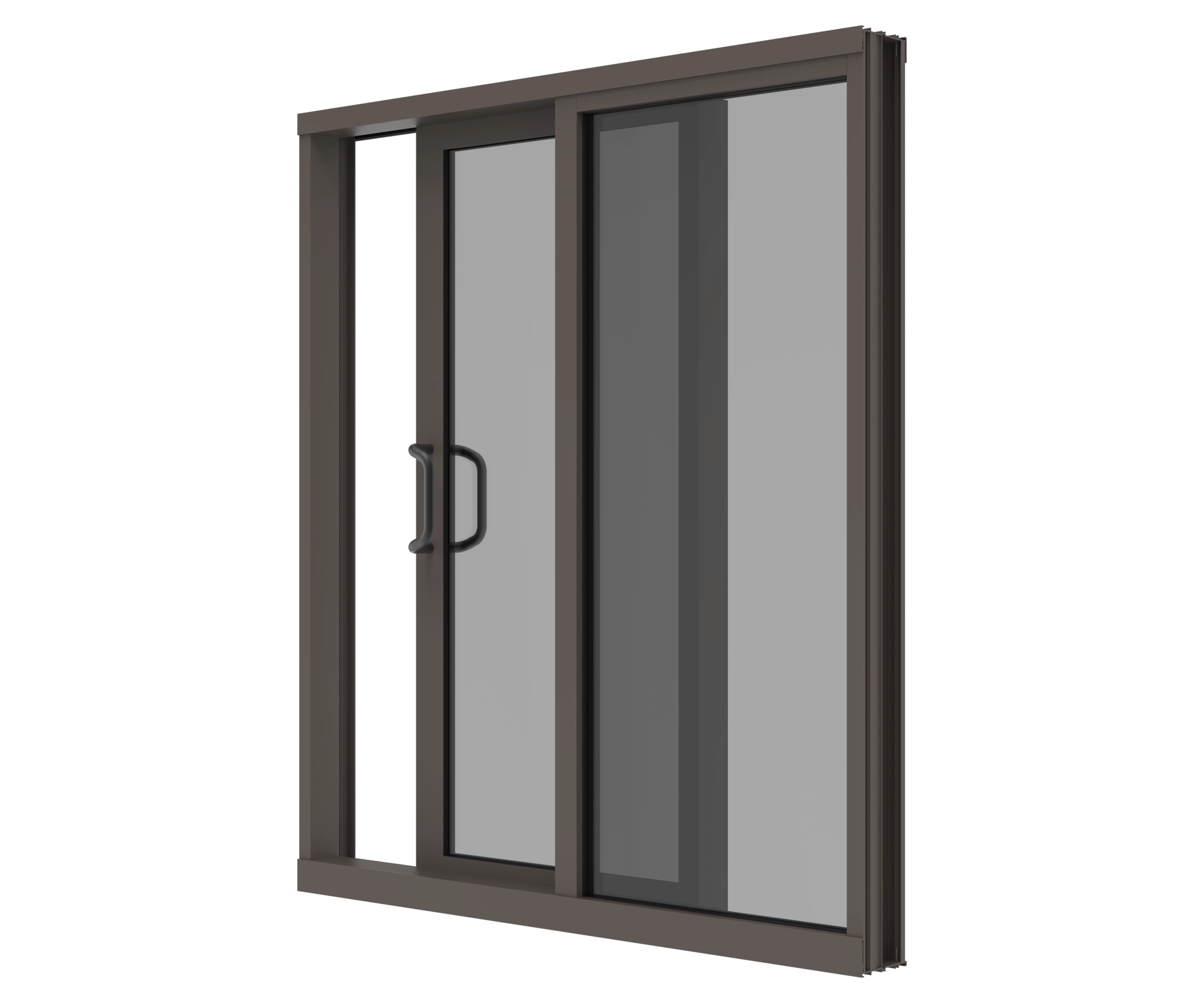 A modern glass sliding door with aluminum frame and handle.
