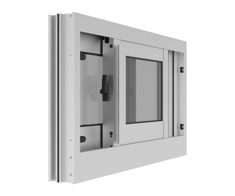 YKK window frame with insulated glass and secure locking system.