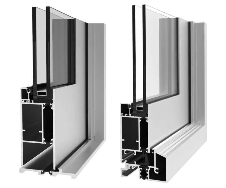 Aluminum window frame cross-section with thermal break and double glazing.