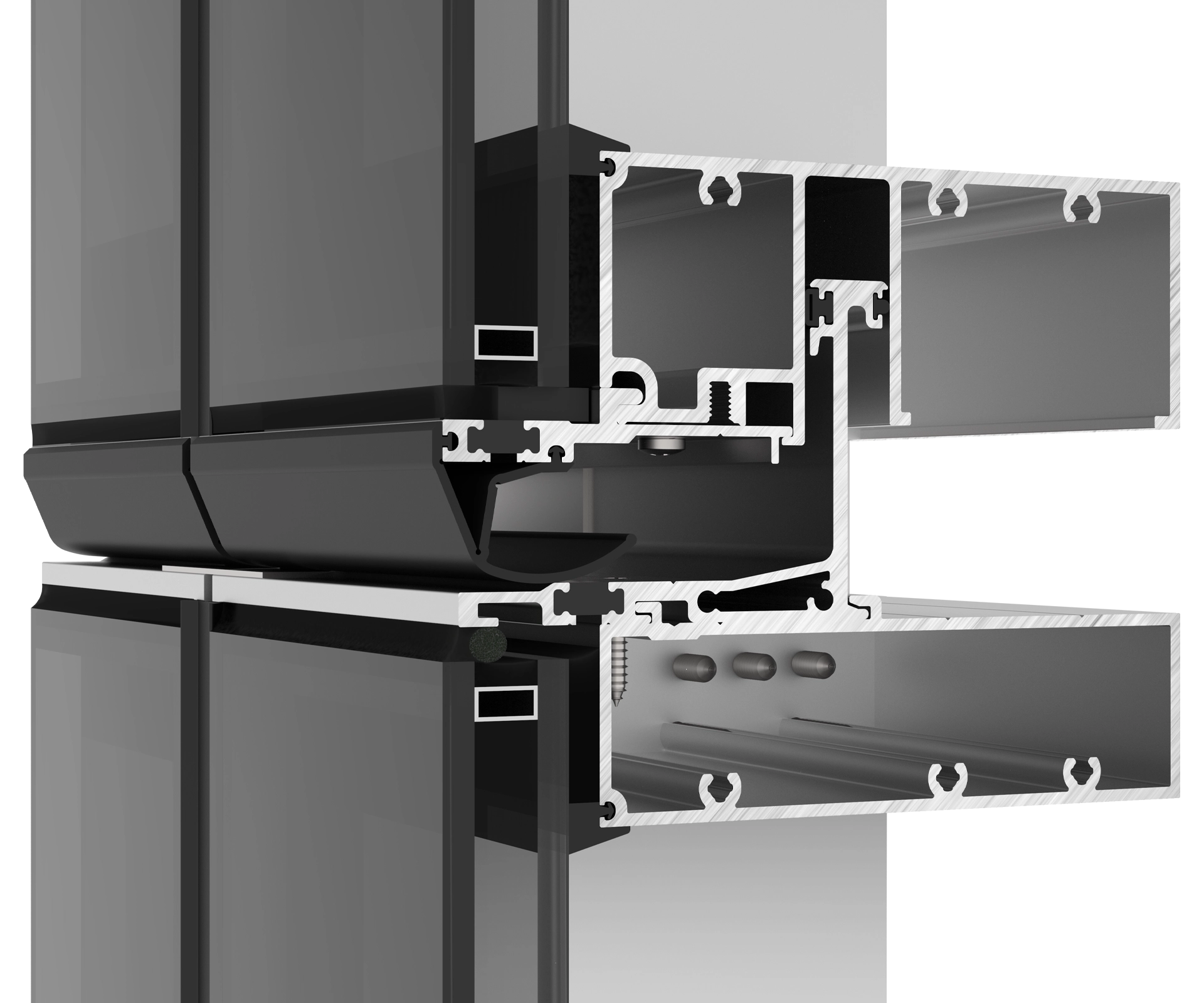 Aluminum window frame cross-section with thermal insulation and glazing.