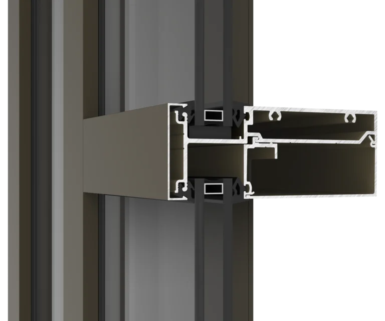 Cross-section of YKK window frame with durable aluminum construction.