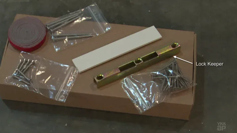 High-security lock keeper with mounting hardware and accessories.