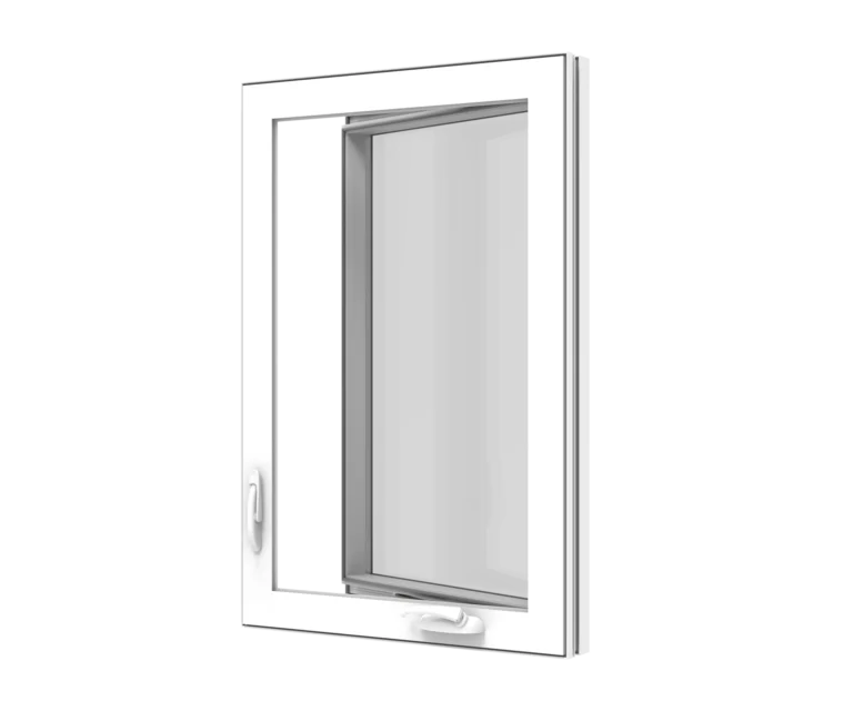 YKK casement window with white frame, screen, and secure handle for ventilation.