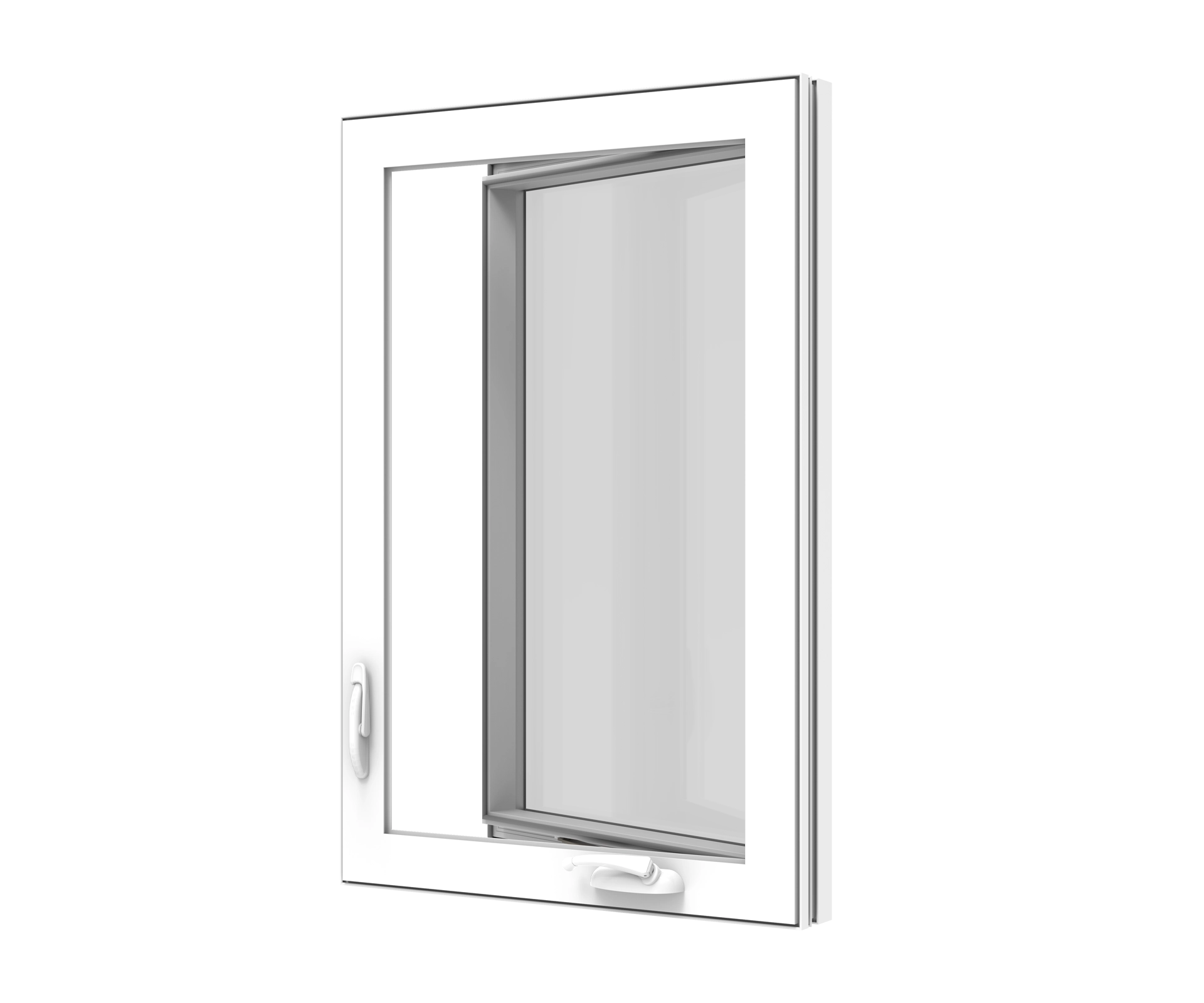 YKK casement window with white frame, screen, and secure handle for ventilation.