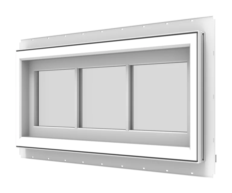 Modern YKK window frame with triple pane glass for energy efficiency.
