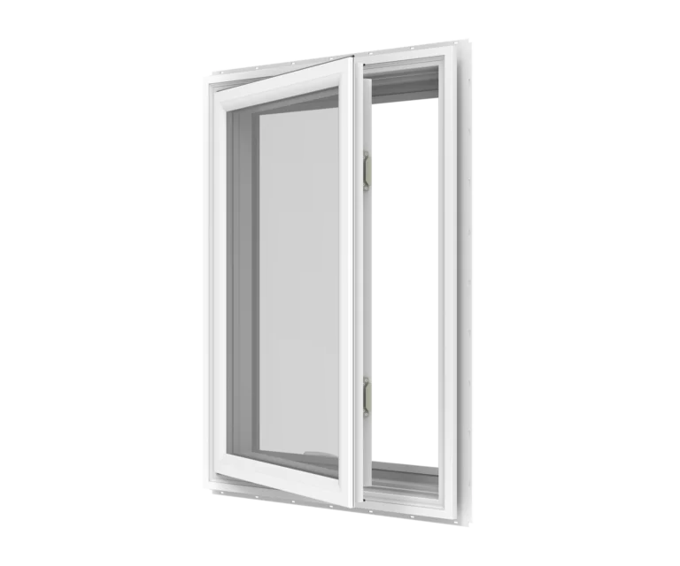 White casement window with double-glazed glass for energy efficiency.