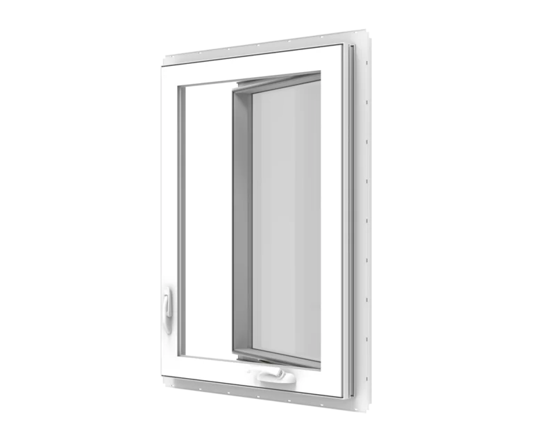 Aluminum window with sliding sash and white frame for energy-efficient homes.