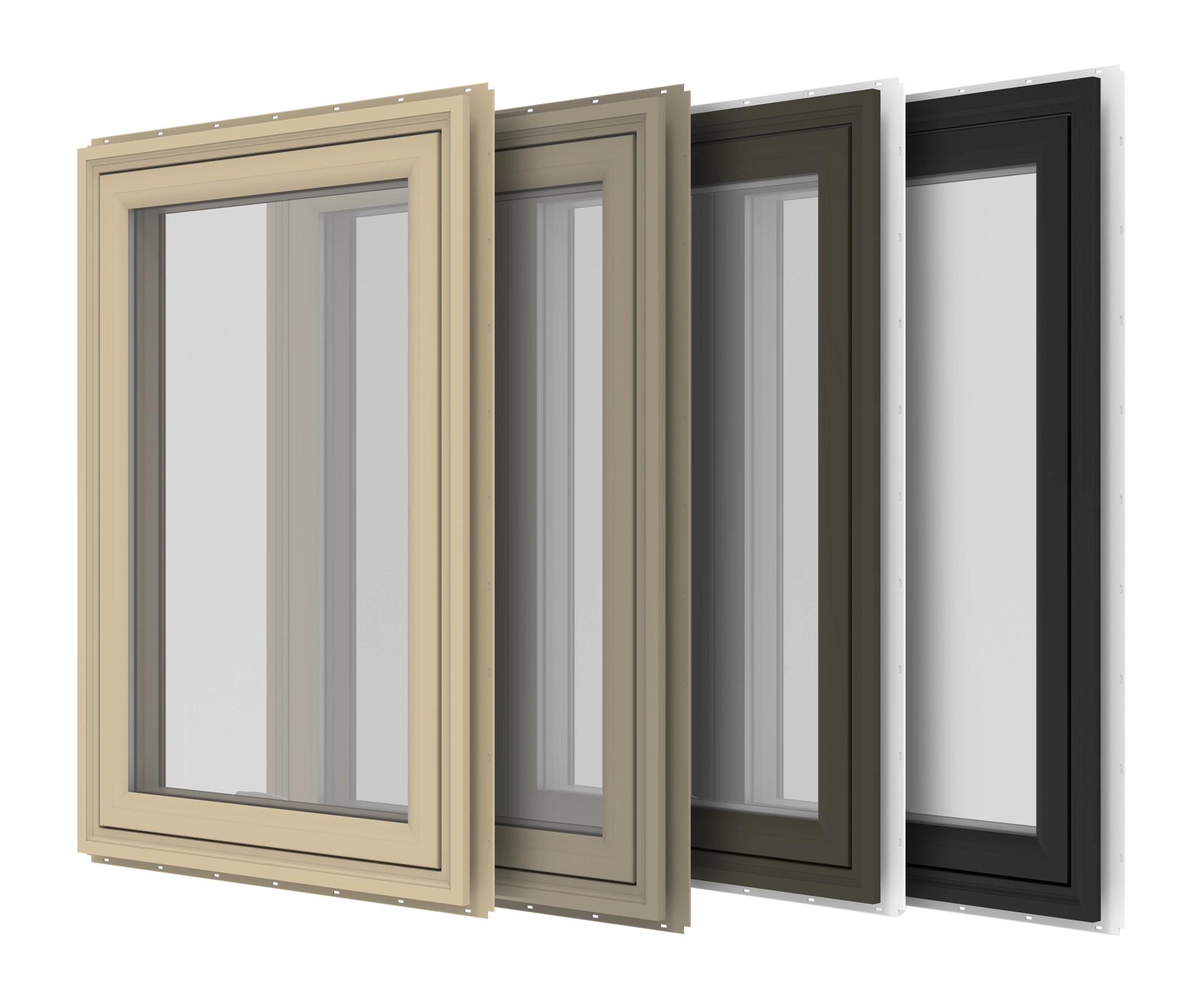 Aluminum window frames in beige, gray, black, and dark gray colors.