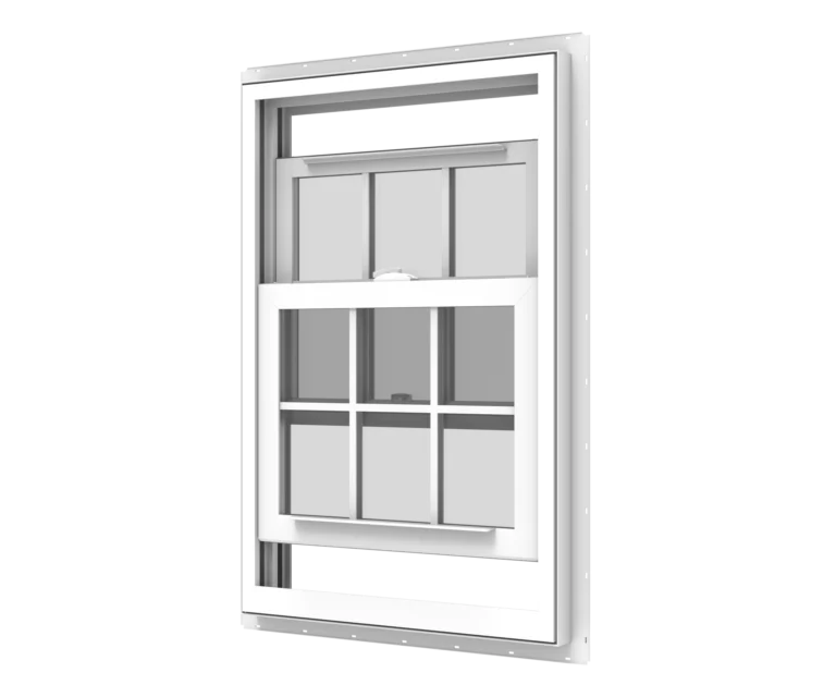 YKK window with white frame, multi-pane design, and modern construction.