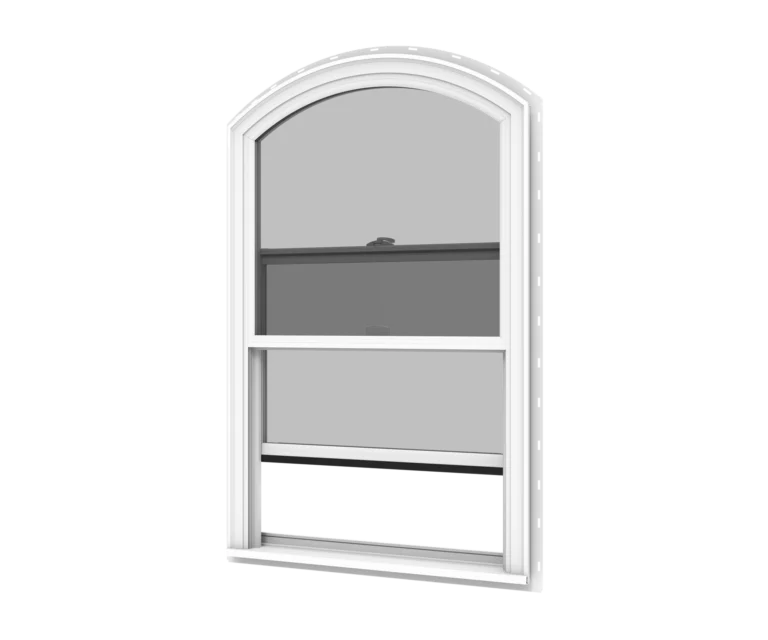 YKK vinyl arched window with screen for energy-efficient home ventilation.
