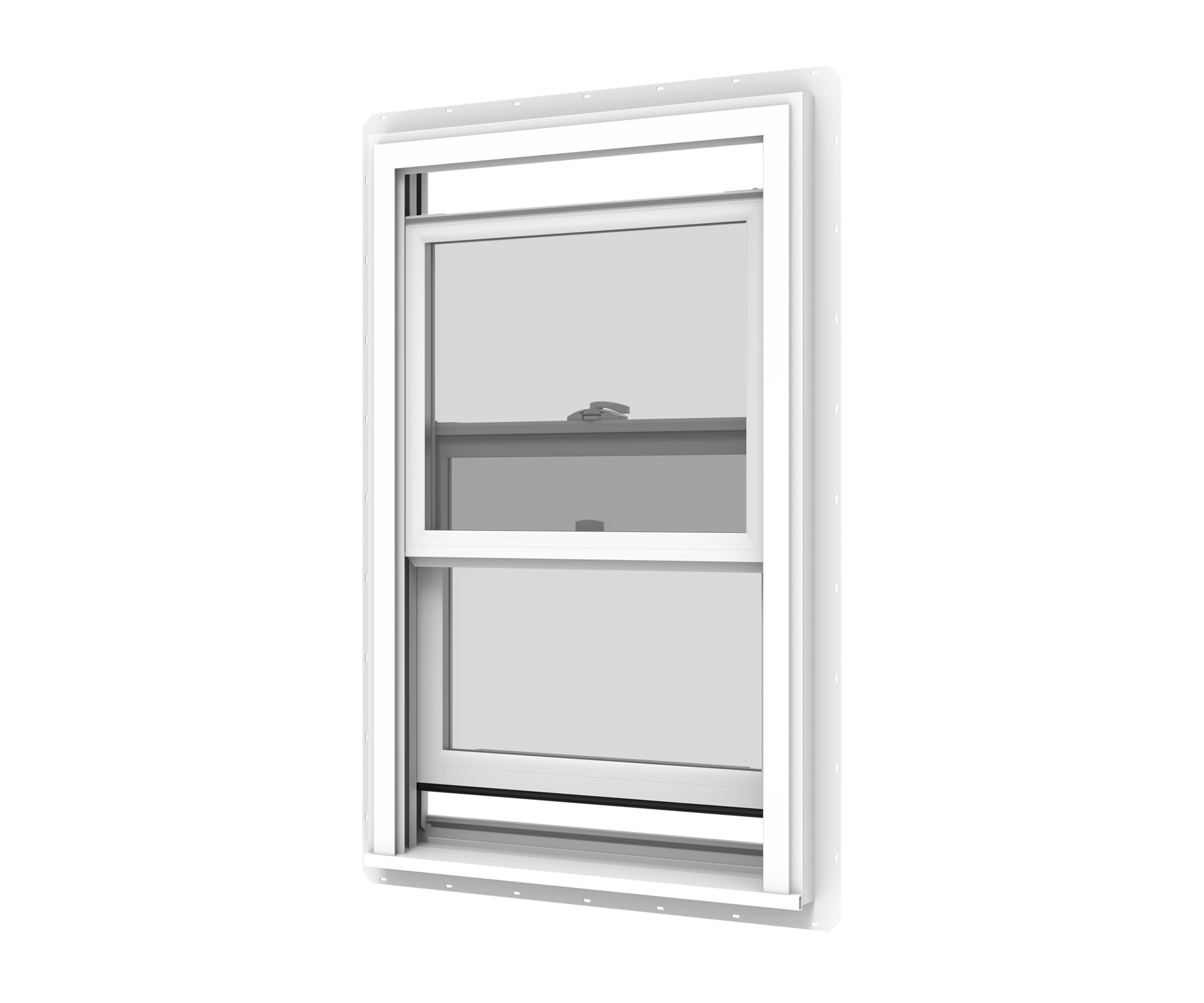 YKK window with screen and white frame for energy-efficient homes.