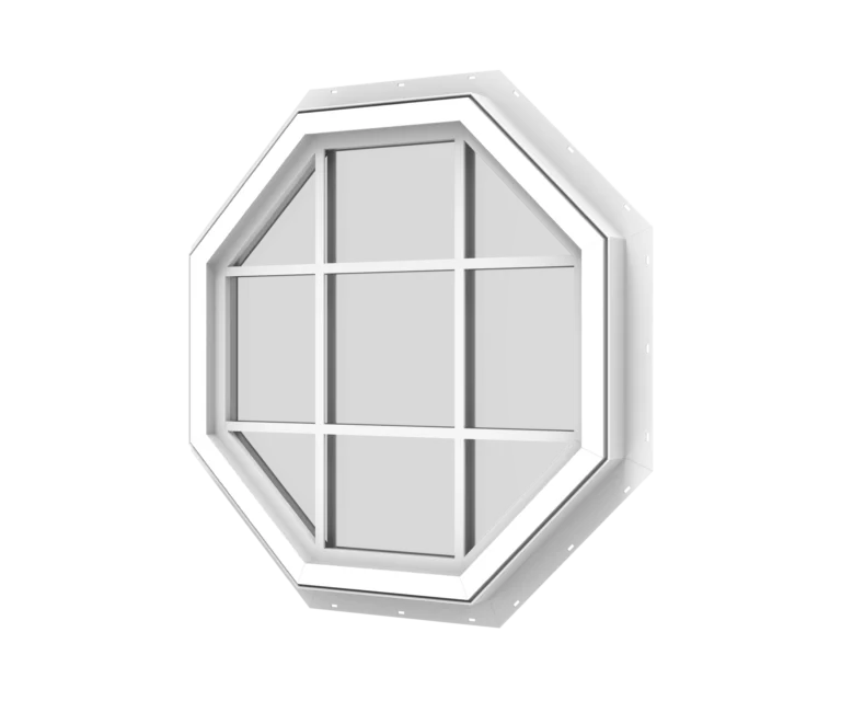 Octagonal window with white frame and multiple glass panes.