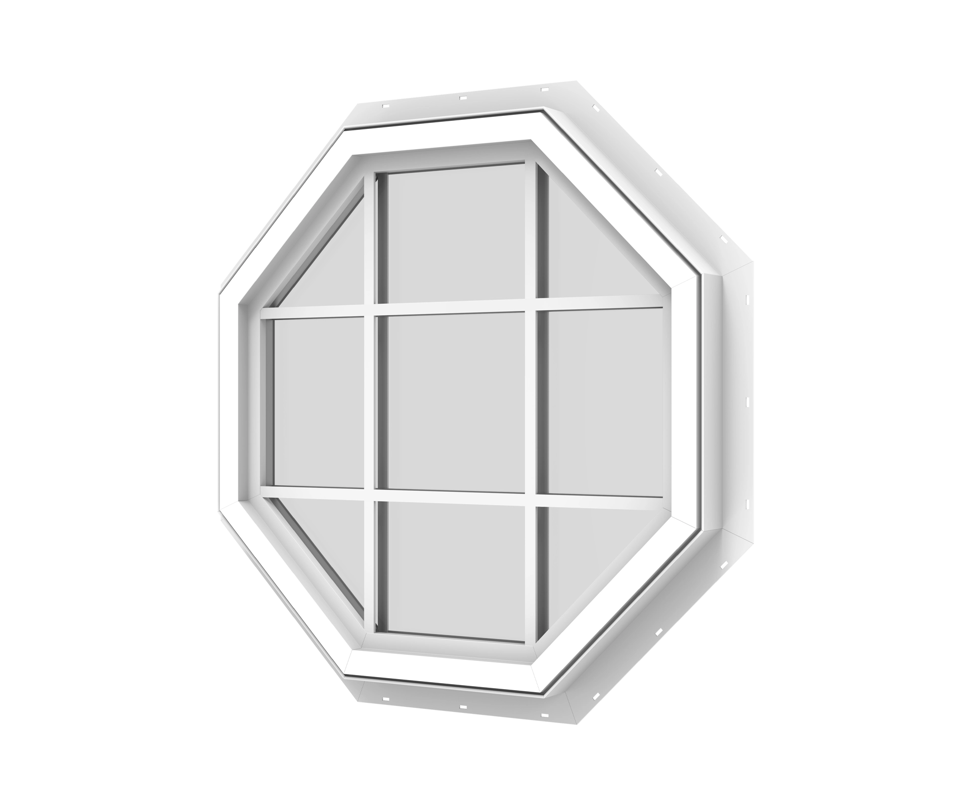 Octagonal window with white frame and multiple glass panes.