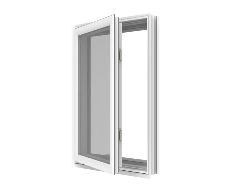 White casement window with open sash for ventilation.