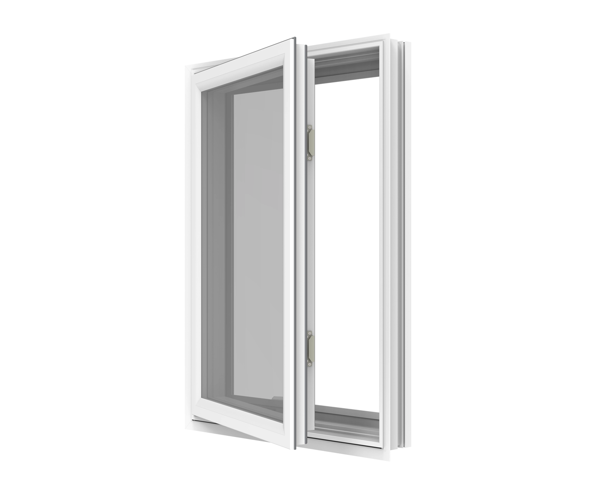 White casement window with open sash for ventilation.
