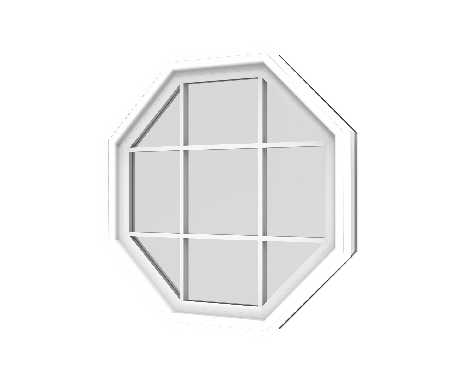 Octagon window with white frame and multiple glass panes for ventilation.