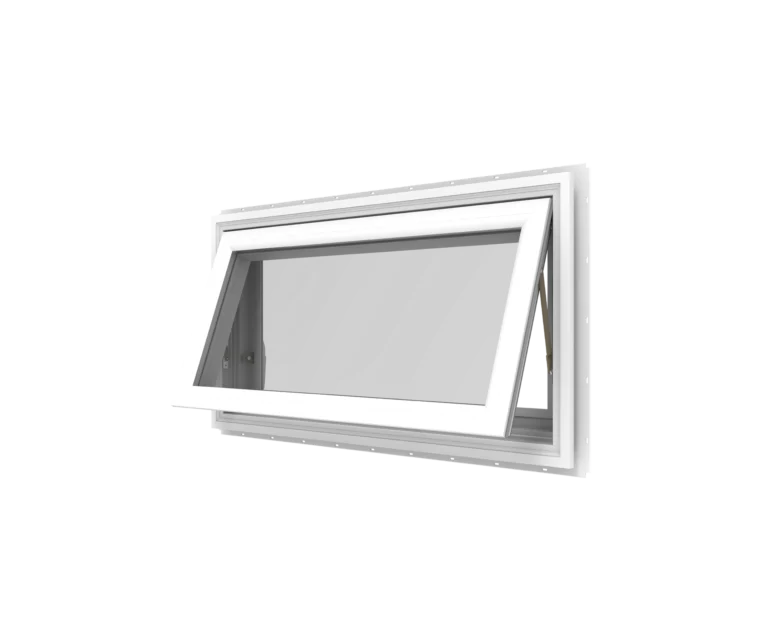 YKK white window frame with tilt and turn opening mechanism.