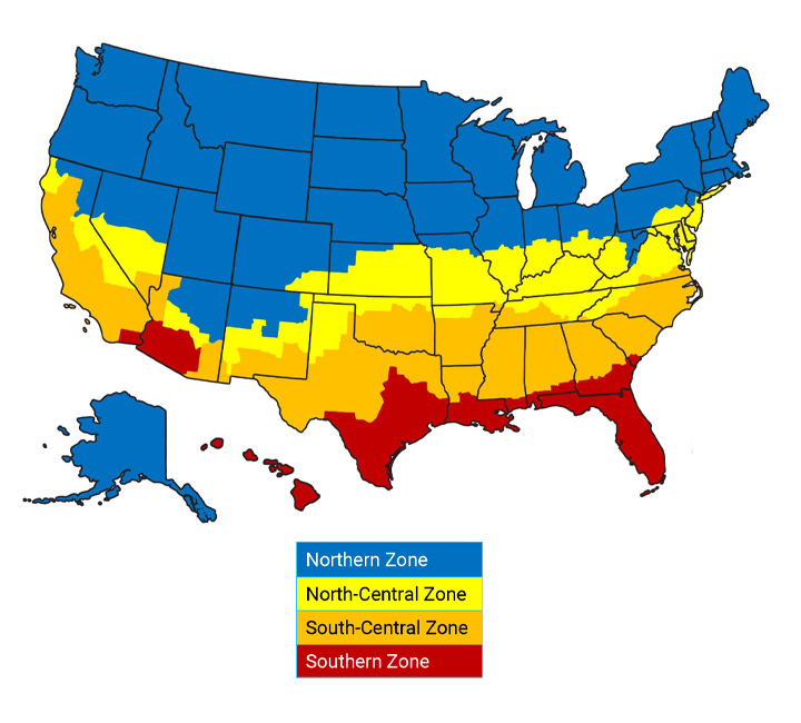 Map showing YKK regional zones across the United States with color-coded zones.