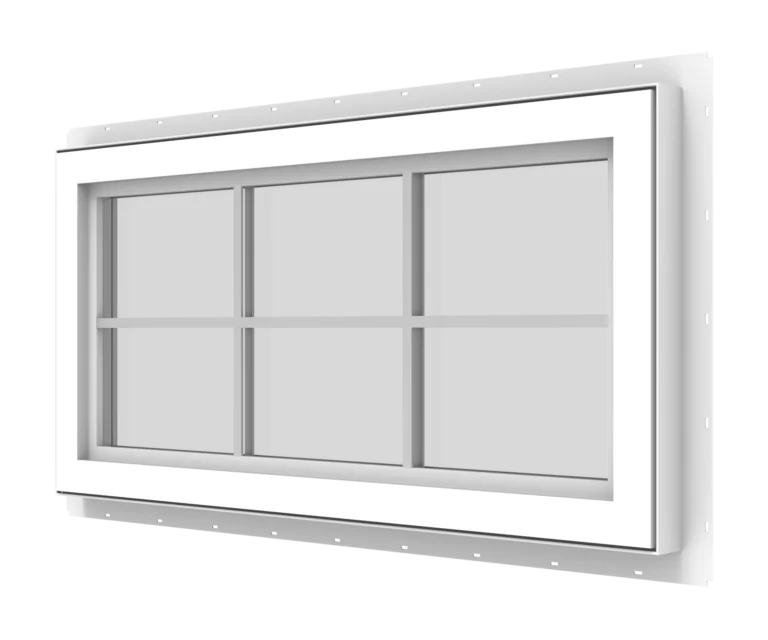 YKK window frame with multiple glass panes for residential and commercial use.