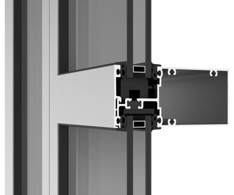 Cross-section of YKK window frame showcasing durable aluminum construction.