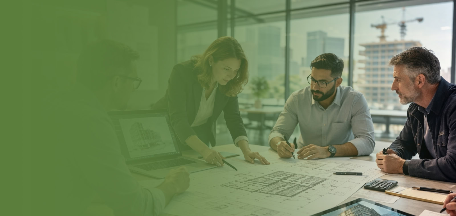 Business professionals discussing window design plans in a modern office.