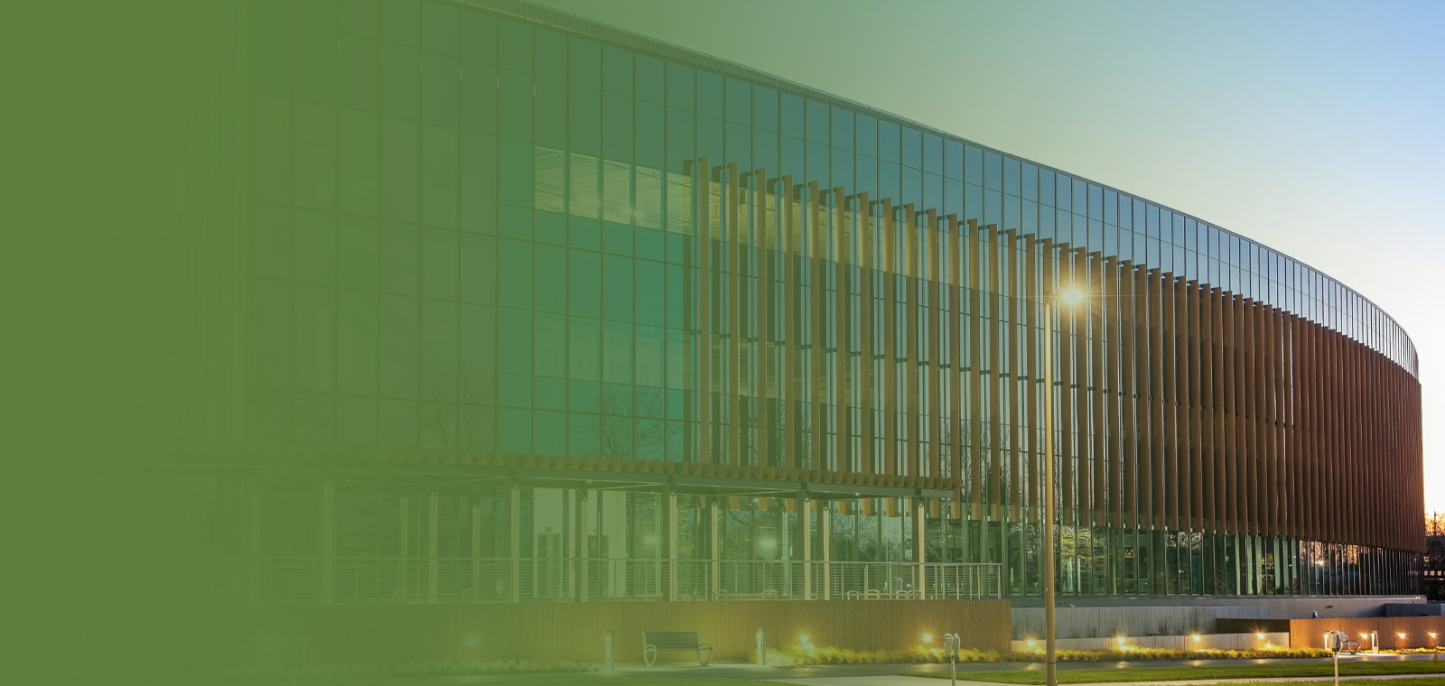 YKK corporate office building with glass facade and modern architecture.