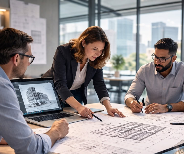 Business professionals reviewing architectural blueprints in an office.