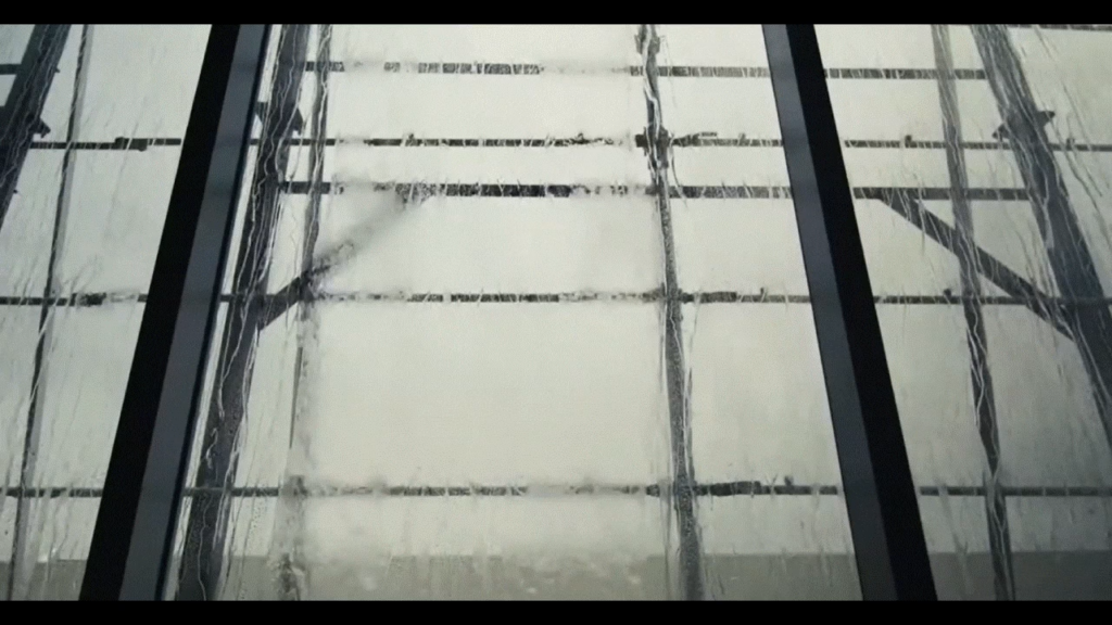 Modern glass building facade with structural framework and water droplets.